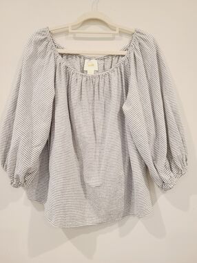 Maeve Horizontal Pin Stribe Balloon Sleeve Off Shoulder Cotton Blouse